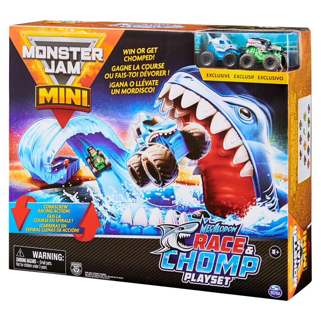 Monster Jam, Mini Megalodon Race and Chomp Playset with 2 Monster Jam ...