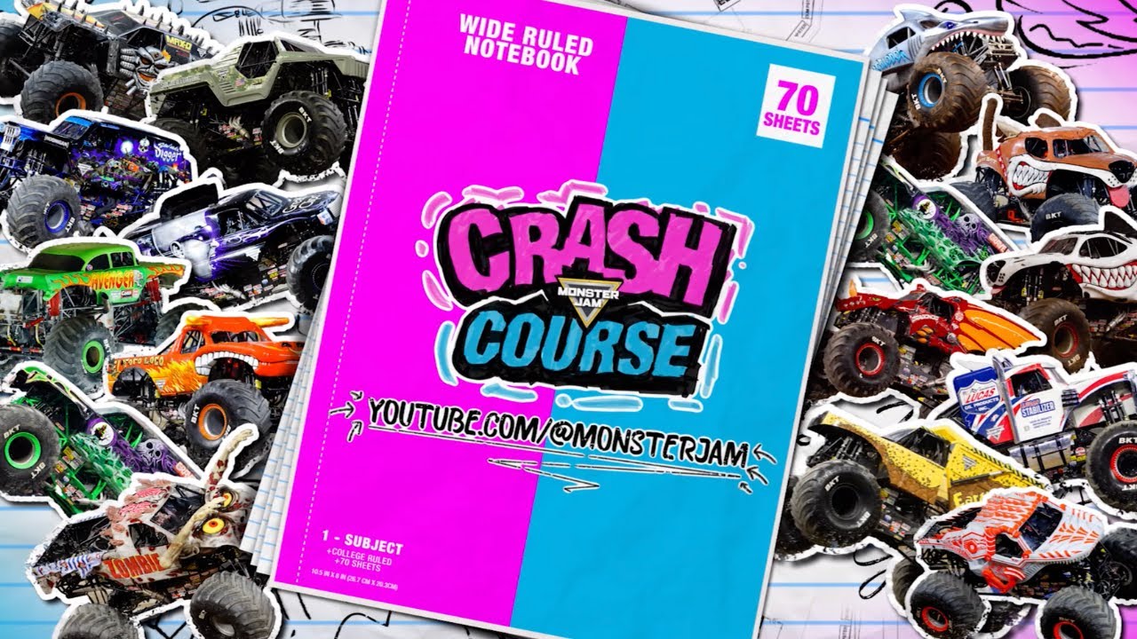 Graphic of a notebook with "Monster Jam Crash Course" on it