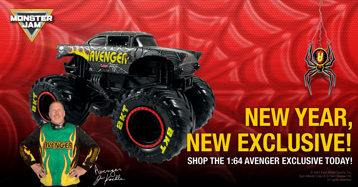 Graphic with Avenger Monster Jam truck with caption: New Year, New Exclusive - Shop the 1:64 Avenger Exclusive Today!