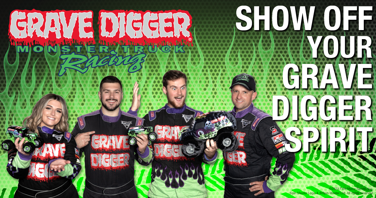 Graphic with Krysten Anderson, Tyler Menninga, Weston Anderson and Adam Anderson with title: Grave Digger Monster Truck Racing - Show off your Grave Digger Spirit