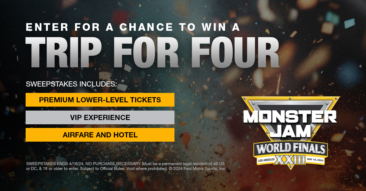 Enter for a Chance to win a trip for four: Sweepstakes includes: Premium lower-level tickets, VIP experience, airfare and hotel - Sweepstakes ends 4/18/24. No purchase necessary. Must be a permanent legal resident of 48 US or DC & 18 or older to enter. Subject to official rules. Void where prohibited. copyright 2024 Feld Motor Sports Inc