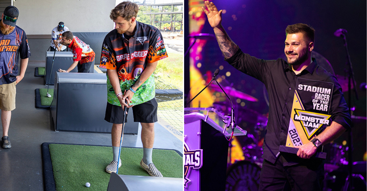 Split image of Monster Jam drivers playing Topgolf and receiving awards at Awards Show