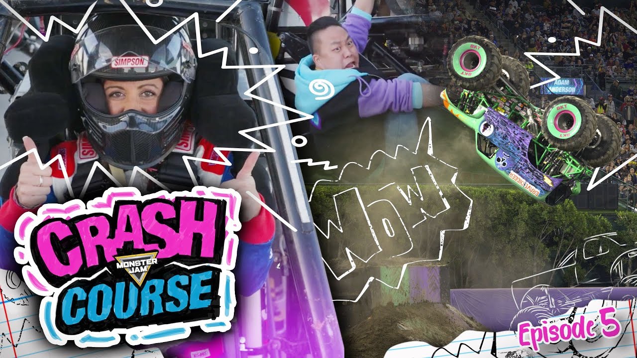 Graphic with caption Monster Jam Crash Course Episode 5 and an image of Grave Digger Neon doing a backflip