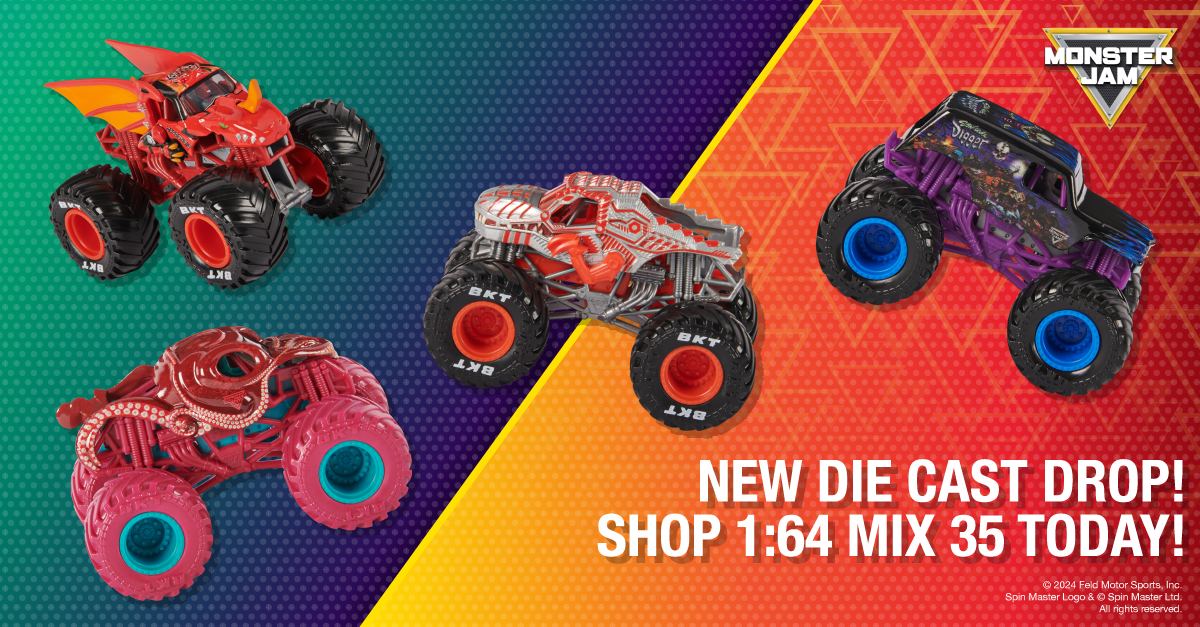 Graphic saying 'new die cast drop: shop 1:64 mix 35 today!' and images of Bakugan Dragonoid, ThunderROARus and Son-Uva Digger Monster Jam trucks