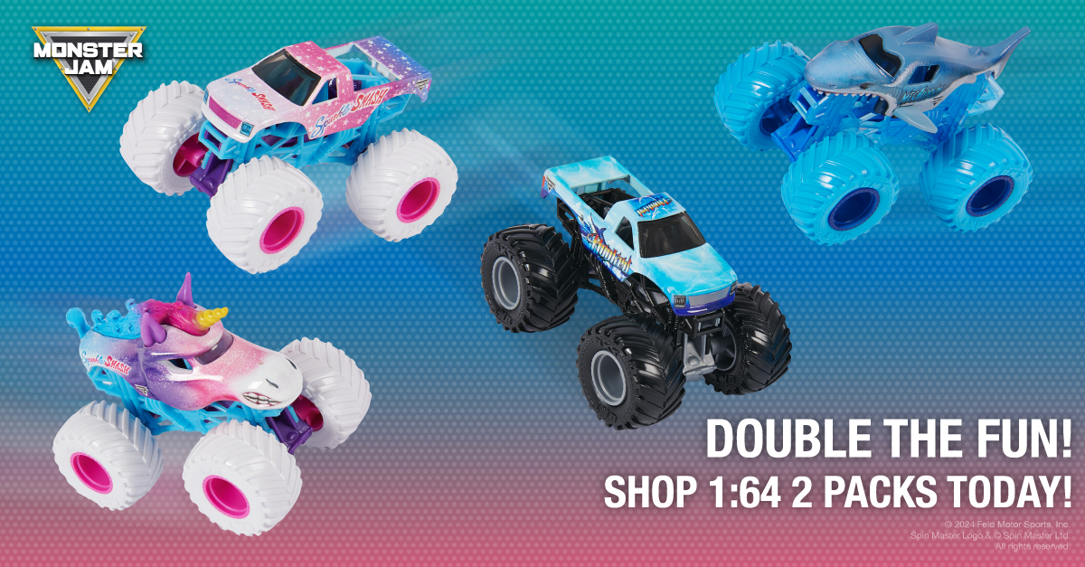 Monster Jam double the fun - shop 1:64 2 packs today! graphic with image of various Monster Jam toy trucks