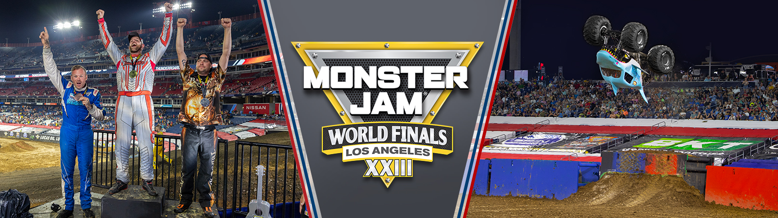 Graphic with Monster Jam World Finals logo, podium finishers from 2023, and Megalodon doing a backflip
