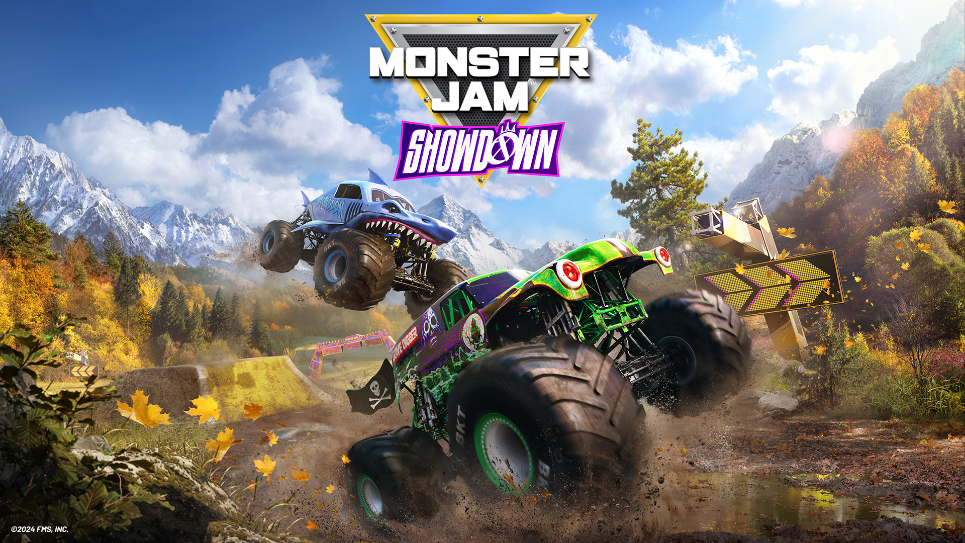 Monster Jam Showdown logo above image of Megalodon and Grave Digger racing through terrain in the Monster Jam Showdown video game