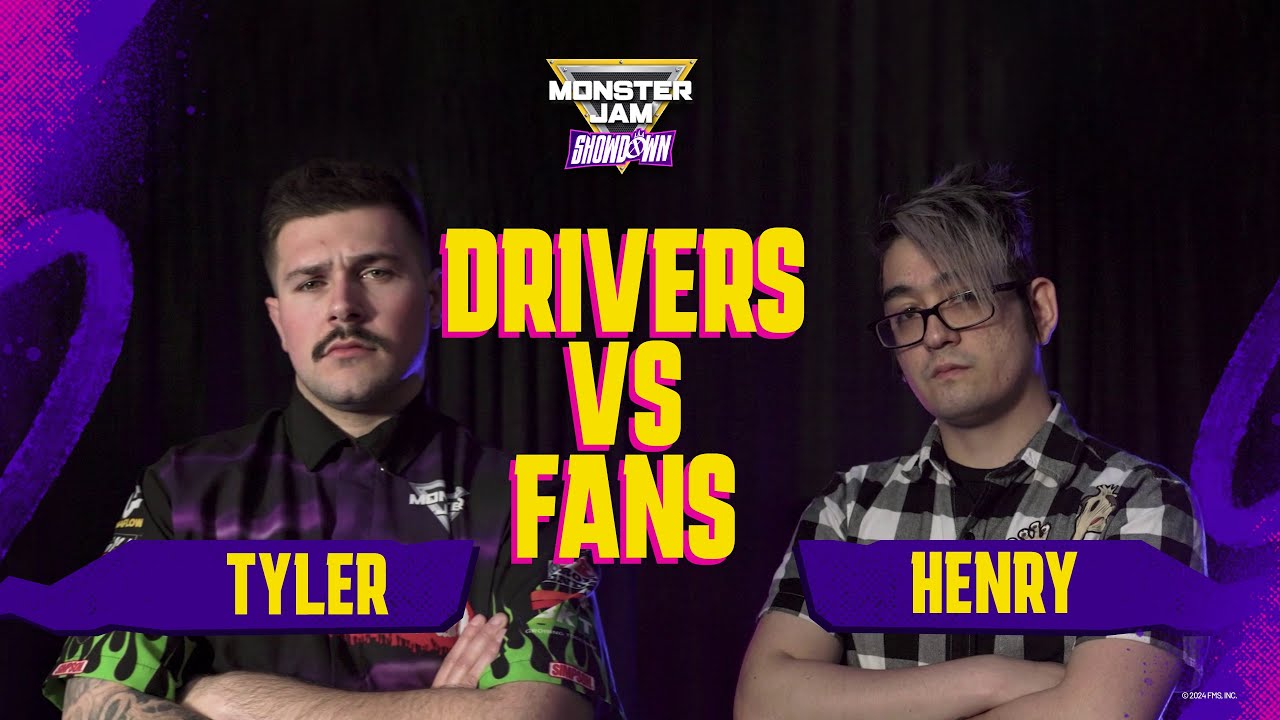 Graphic with photo of Tyler Menninga and a Monster Jam fan with caption - Monster Jam Showdown - Drivers vs Fans - Tyler vs. Henry