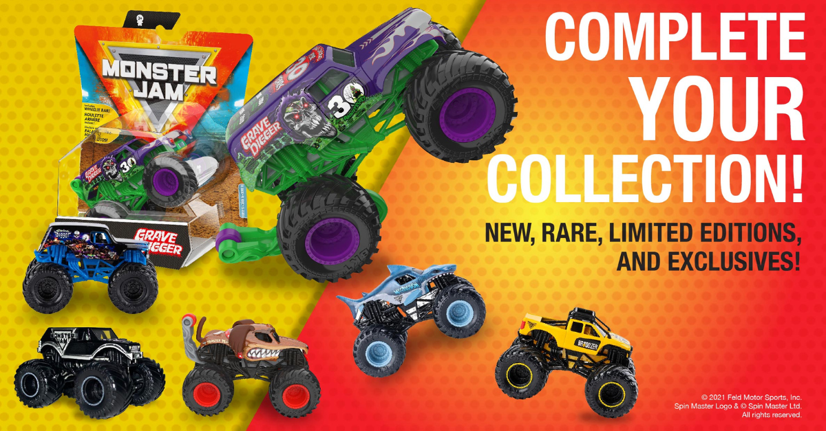 Graphic of Monster Jam die cast tracks with caption: Complete Your Collection! New, rare, limited editions, and exclusives!
