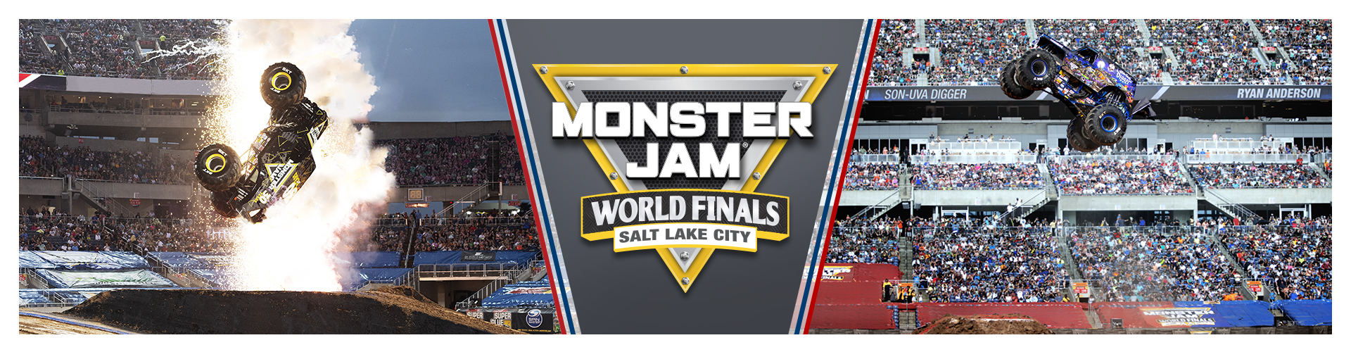 Monster Jam World Finals Salt Lake City logo with images of Monster Jam stunts behind it