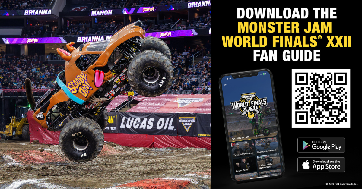 Photo of the Scooby-Doo Monster Jam truck with a QR code and message: Download the Monster Jam World Finals XXIII Fan Guide