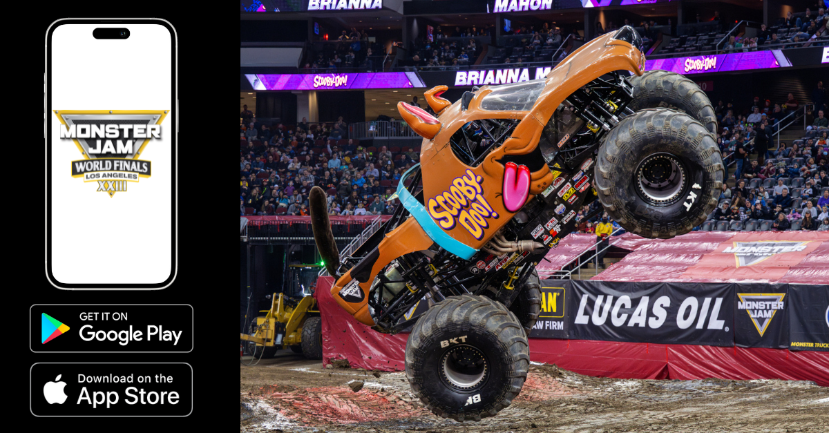 Photo of the Scooby-Doo Monster Jam truck with graphic of phone with the Monster Jam World Finals XXIII logo
