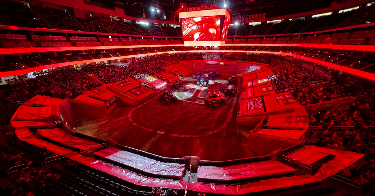 Monster Jam trucks circle the arena in Edmonton, AB.