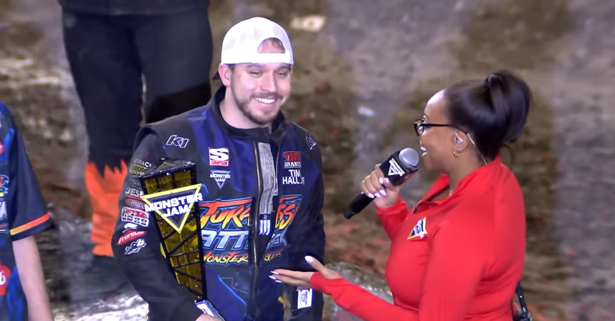 Tim Hall Jr. is interviewed after winning the Overall Event Championship.