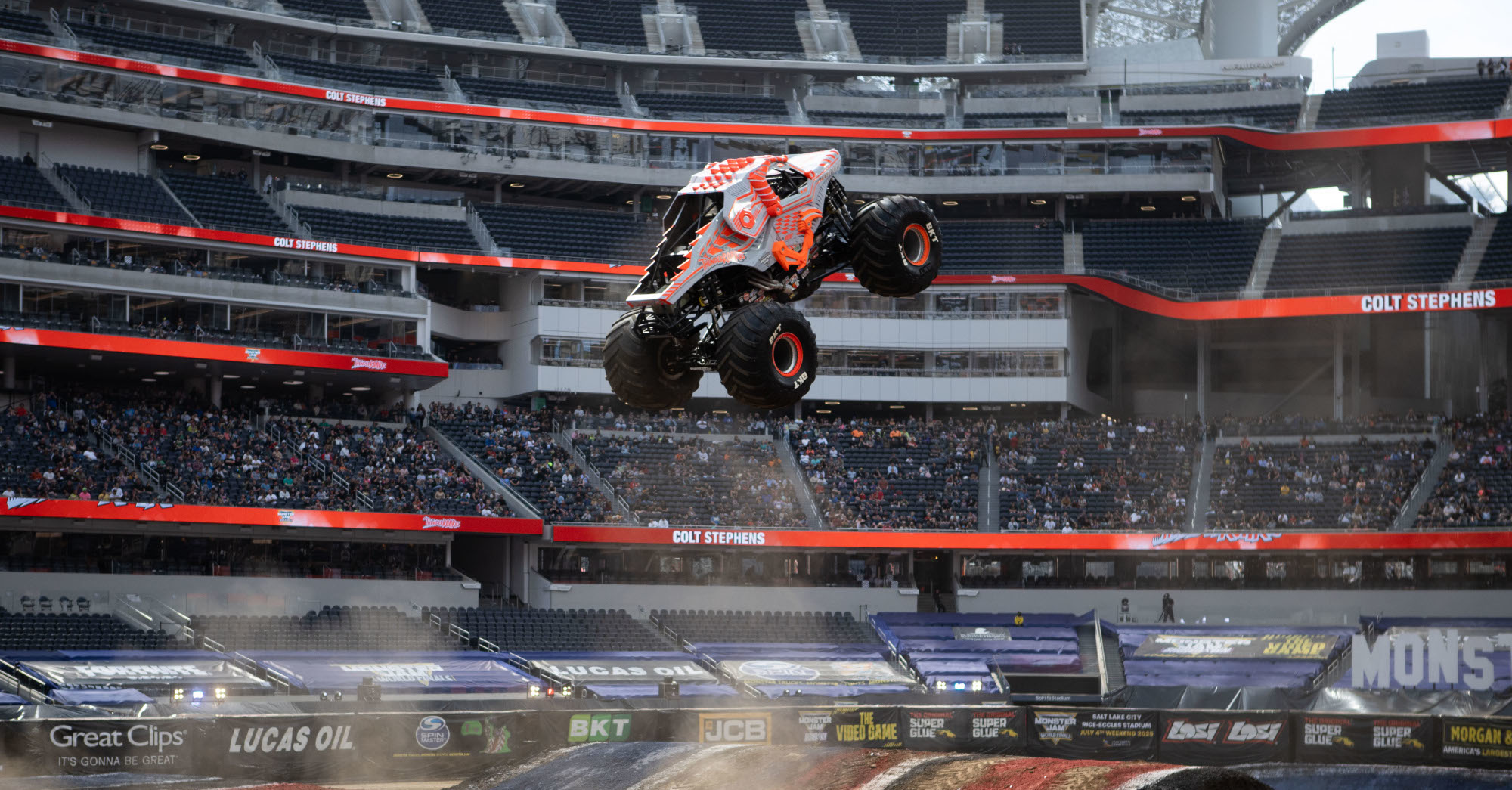 Colt Stevens high in the air in ThunderROARus during the Monster Jam World Finals Lucas Oil High Jump competition in 2024