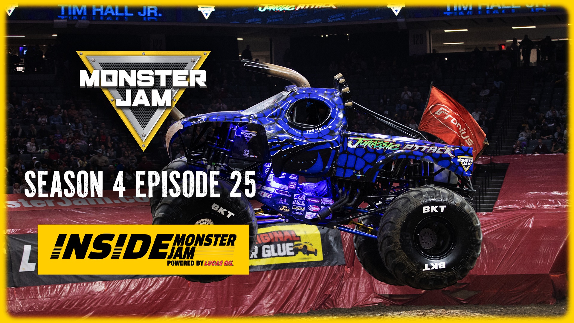 Inside Monster Jam Season 4 Episode 25 with an image of a purple Jurassic Attack Monster Jam truck