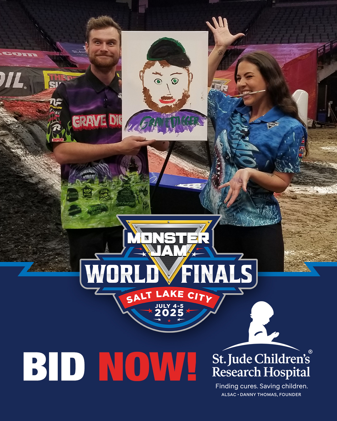 Photo of Monster Jam drivers standing next to a painting with caption - Bid Now - St Jude Children's Research Hospital