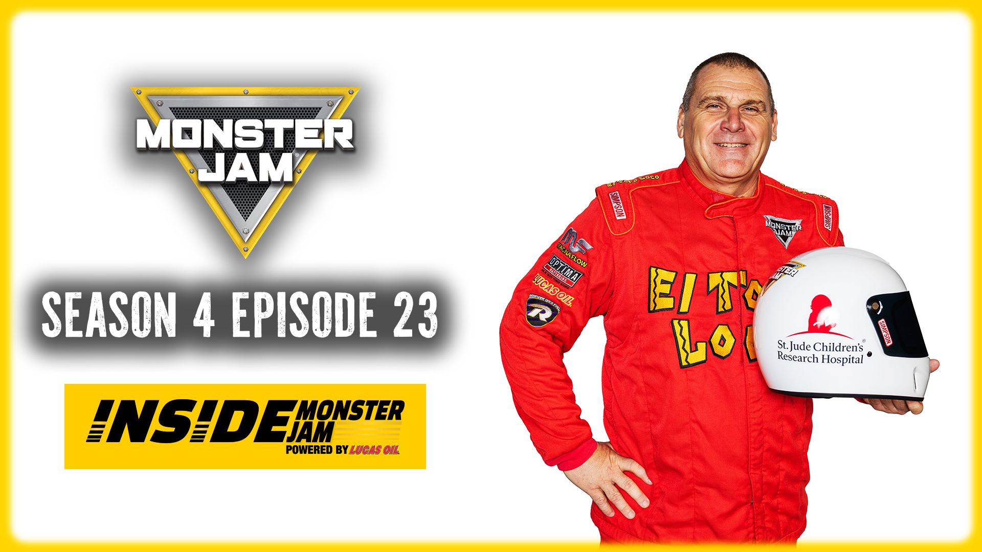 Photo of Jamey Garner with St. Jude helmet and caption Monster Jam - Inside Monster Jam - Season 4 Episode 22