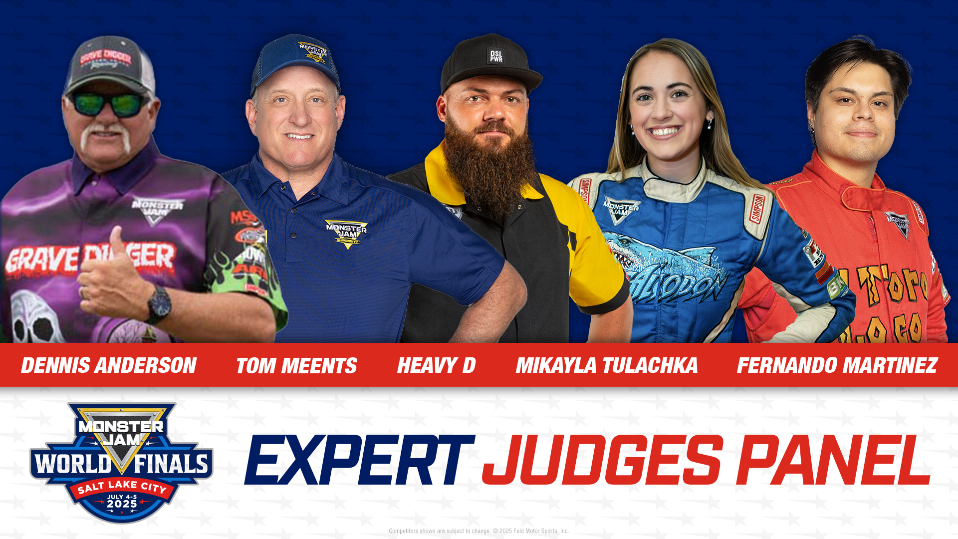 Graphic with Dennis Anderson, Tom Meents, Heavy D, Mikayla Tulachka and Fernando Martinez as the five expert judges.