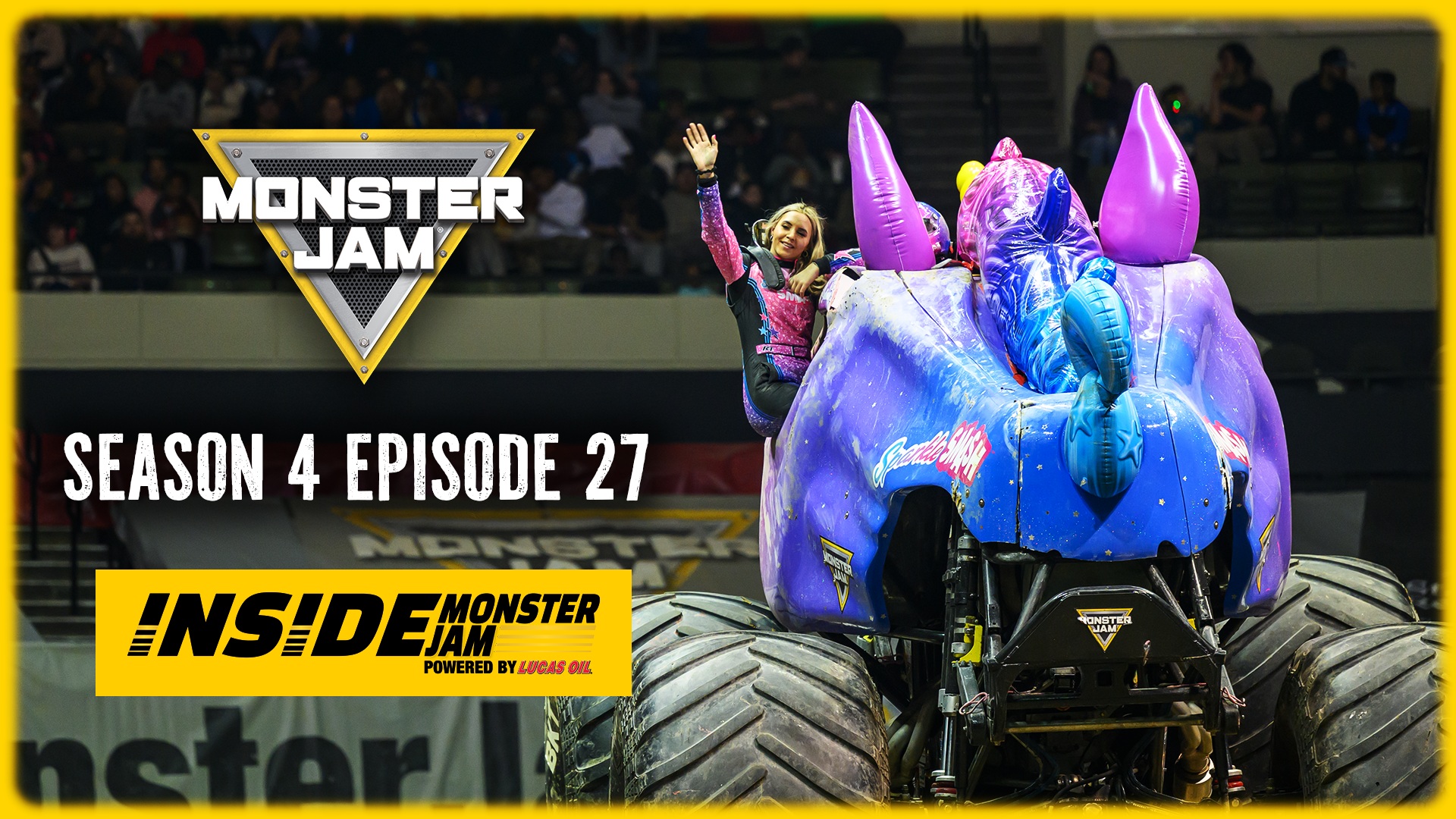Inside Monster Jam - Season 4 Episode 27 - graphic with Jamie Sullivan celebrating an event win inside the Sparkle Smash Monster Jam truck