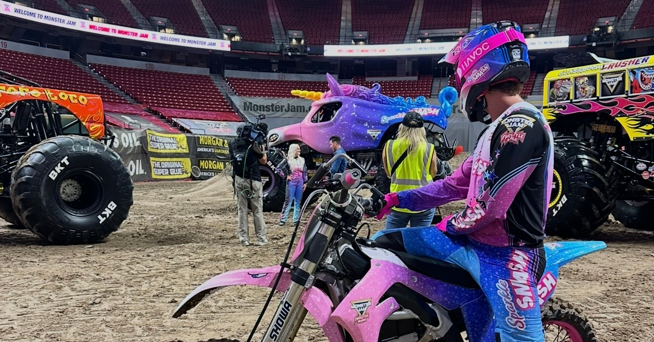 Sparkle Smash FMX bike and Monster Jam truck