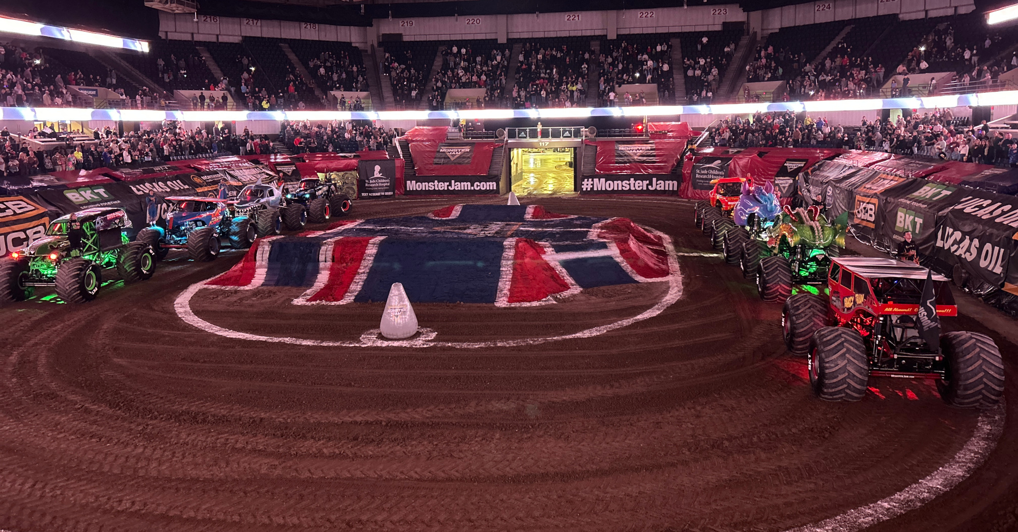 Monster Jam trucks in the arena in Worcester